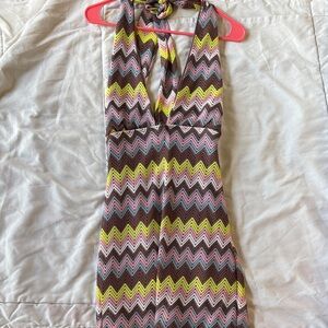 Almost Famous Zigzag Halter Mini Dress - Brown, Pink & Yellow